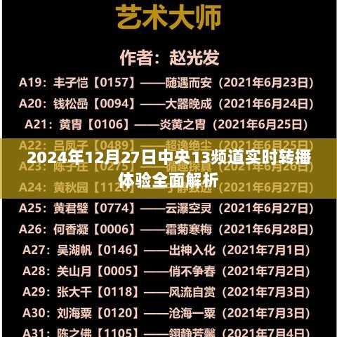 中央13频道实时转播体验全面解析，深度解读2024年12月27日的转播体验